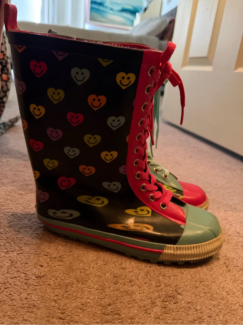 Colorful Smiley Face Rain Boots - Pink & Teal Accents